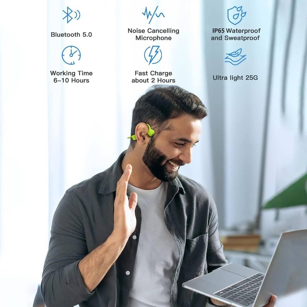 Bluetooth 5.0  
Noise Cancelling Microphone  
IP65 Waterproof and Sweatproof  
Working Time 6-10 Hours  
Fast Charge about 2 Hours  
Ultra light 25G