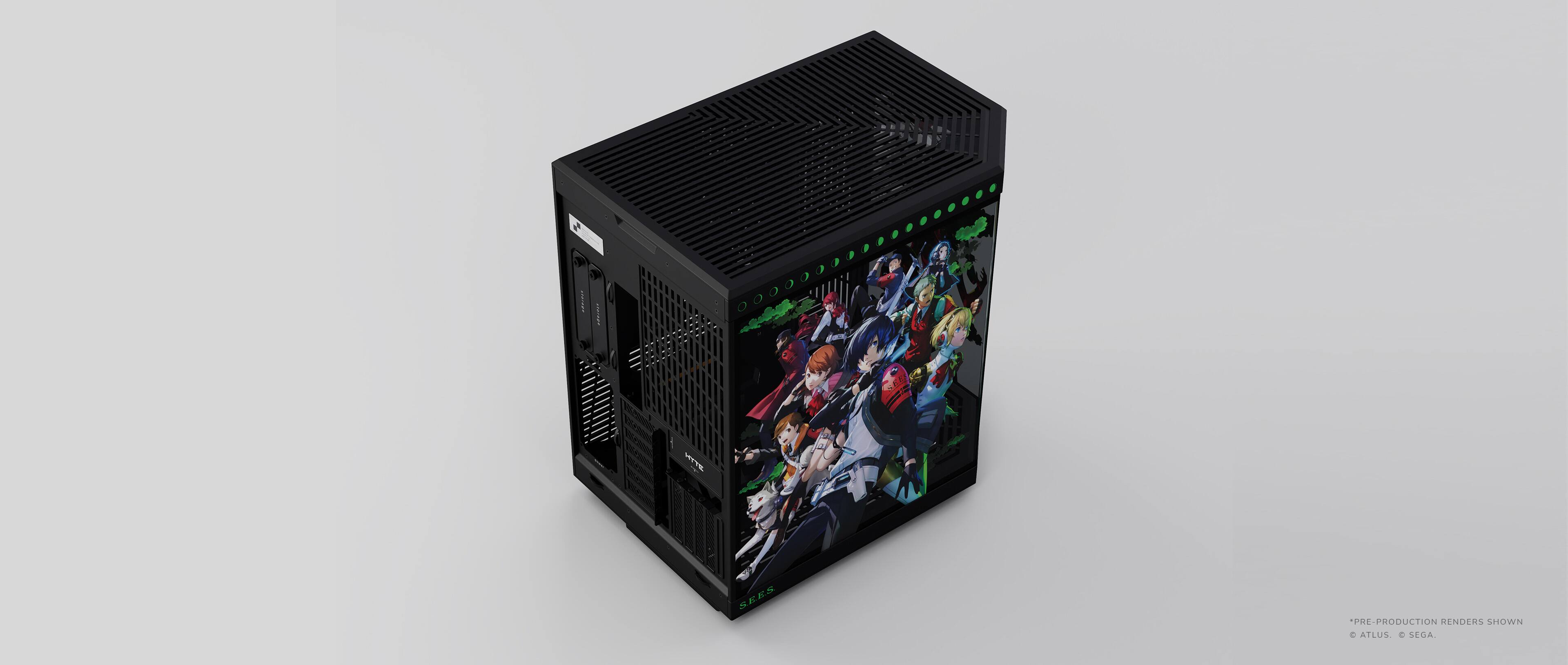 The image shows a pre-production render of a computer case, which is a collaboration between Atlus and Sega.