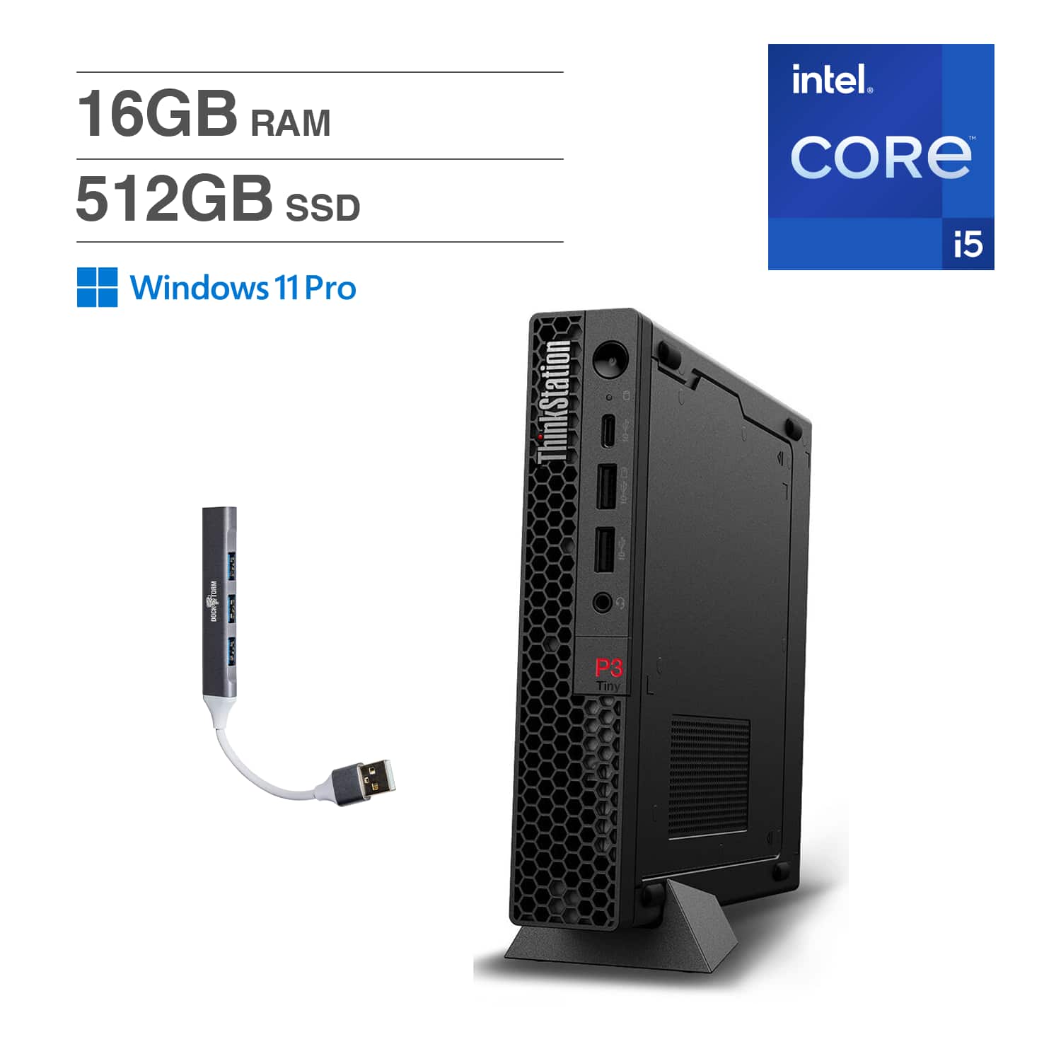 Lenovo - ThinkStation P3 Tiny Mini Desktop (Intel i5-13500, 16GB DDR5, 512GB PCIe SSD, Win 11 Pro) w/USB Hub - Black