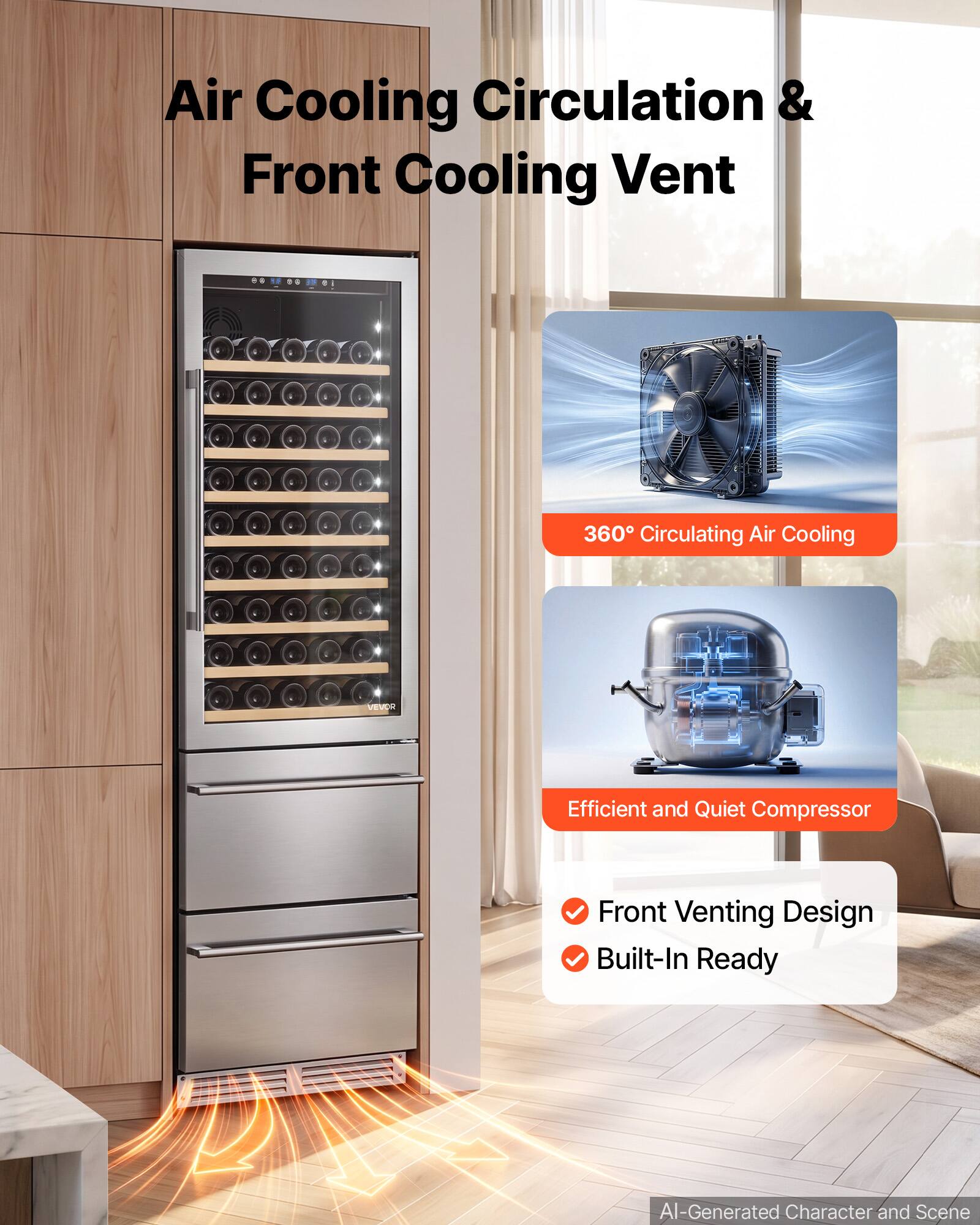 Air Cooling Circulation & Front Cooling Vent

0010000.01

360° Circulating Air Cooling

VEVOR

Efficient and Quiet Compressor

Front Venting Design

Built-In Ready

AI-Generated Character and Scene
