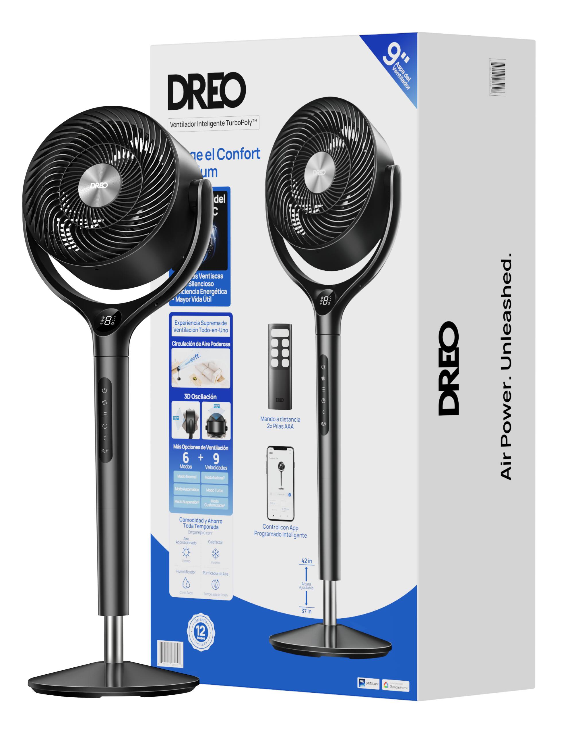 DREO Ventilador inteligente TurboPoly 95 Apa Ventilador DREO B SIOC LP n el Confort um del A Ventiscas silencioso clencia Energtica Mayor Vida Util Experiencia Suprema de Ventilacin Todo-en-Uno Circulacin de Aire Poderosa 30 Oscilacin - - Mando 1 distancia 2 Plas AAA Me Opciones de Ventilacin 6 + 9 Modos Velocidades - med - - a - tate OO #8: a 1 DREO Unleashed. Power. Air eo - - Comodidad 1 Aharro Toda lemporada inpergaioon - inrticinalo Confacte Control con App Programado inteligente - Pe 42in . munatca Aufcal Am netes lturs At C 12 57 . - Sunpir I