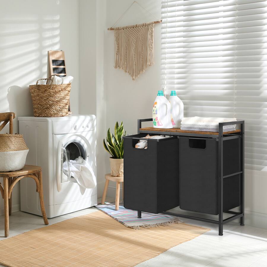 Obby Frame Oumilen 2 Compartment Laundry Hamper with Wood Top – Black Fabric ...