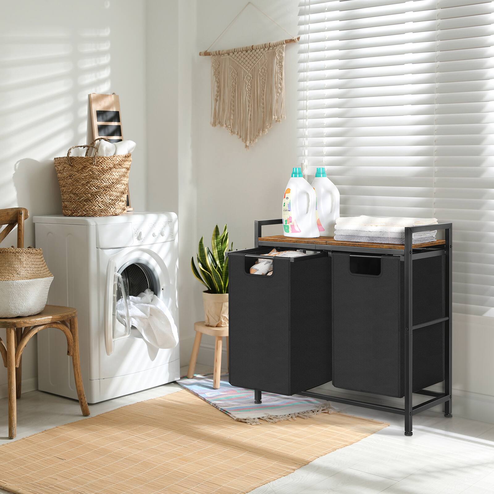 Back. Oumilen - 2 Compartment Laundry Hamper with Wood Top – Black Fabric Sorter Basket with Metal Frame & Removable Bags - Brown.