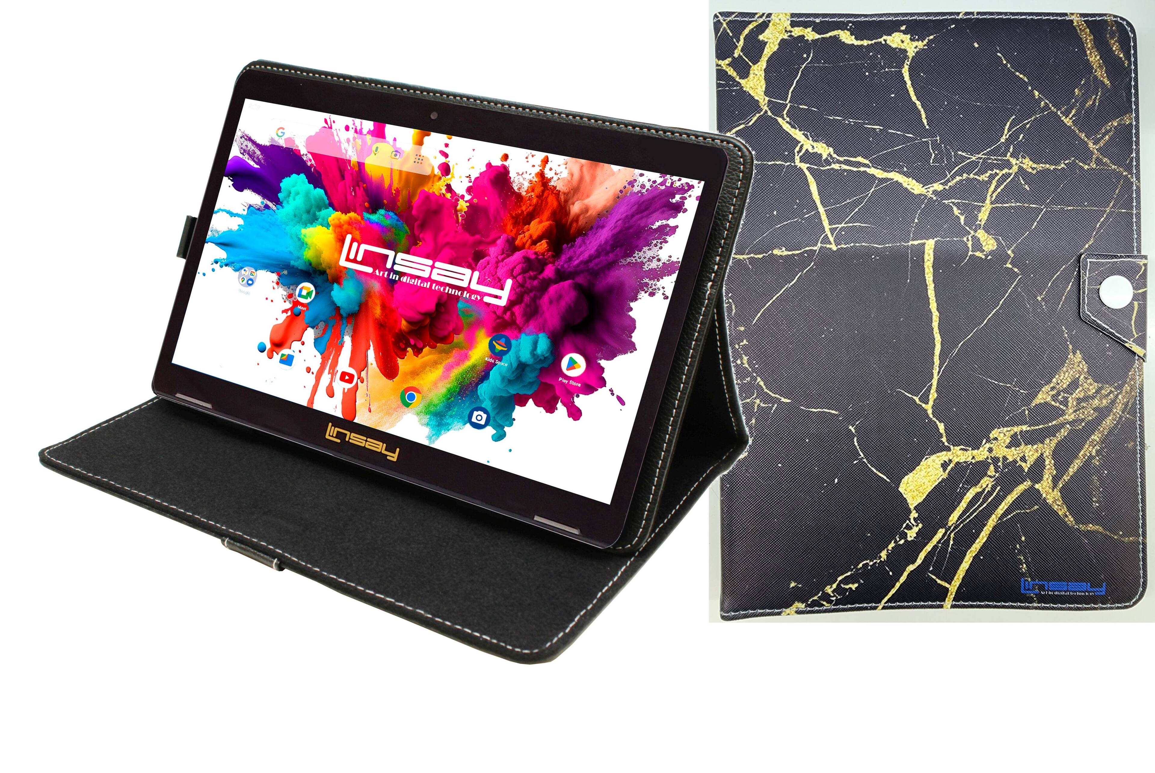 LINSAY - 10.1"Octa Core 128GB Storage Android 15 Tablet with and Golden Marble Case - Black
