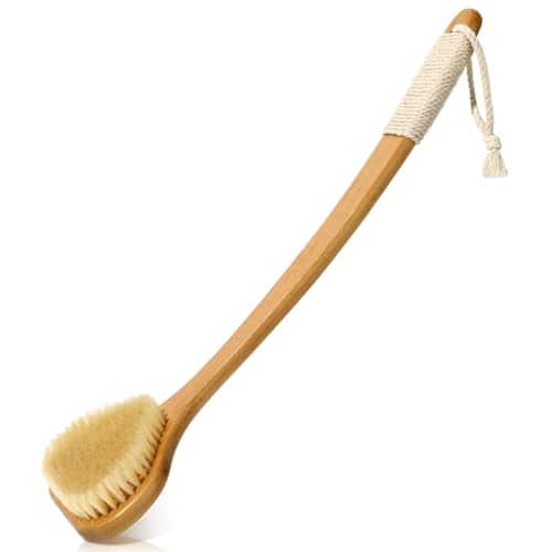 DORLUKFU - Bamboo Back Scrubber with Curved Long Handle, 17.3 Inches Exfoliating Shower Brush with Stiff Bristles for Men and