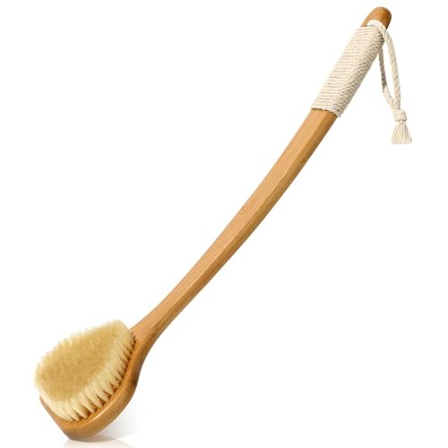 Front. DORLUKFU - Bamboo Back Scrubber with Curved Long Handle, 17.3 Inches Exfoliating Shower Brush with Stiff Bristles for Men and.