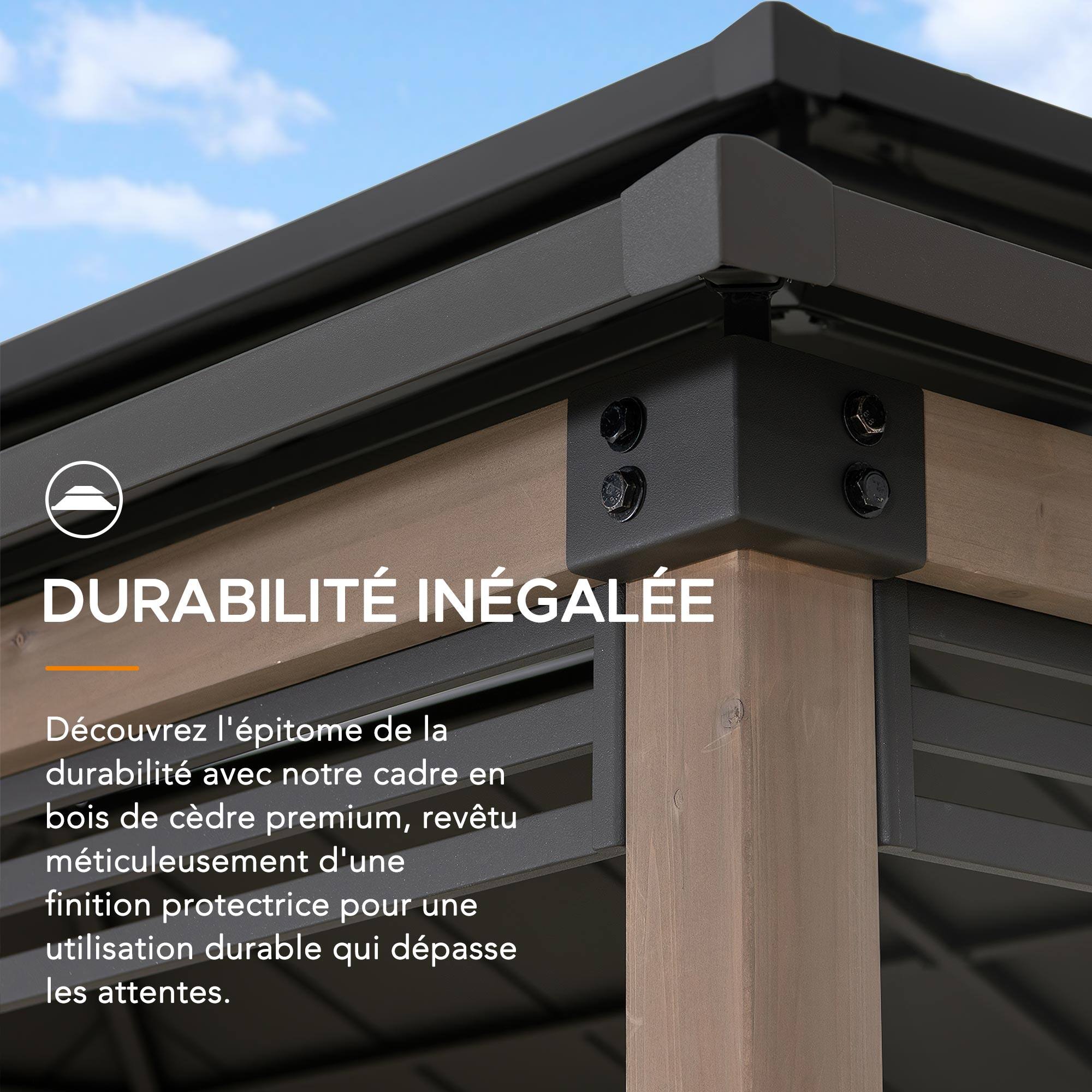 DURABILITÉ INÉGALÉE

Découvrez l'épitome de la durabilité avec notre cadre en bois de cèdre premium, revêtu méticuleusement d'une finition protectrice pour une utilisation durable qui dépasse les attentes.