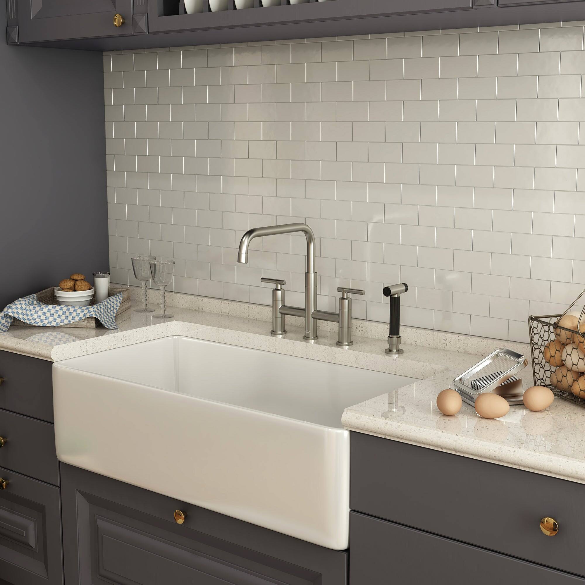 Alt View 3. Boyel Living - Double Handle 360 Degrees Rotation Bridge Kitchen Faucet with Pull-Out Side Sprayer, Ceramic Cartridge - Brushed Nickel.