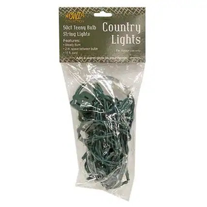 Sure, here is the corrected and grouped text:
---
**OWI COLLECTION**
**50ct Teeny Bulb Country String Lights**
**Features:**
- Steady Burn Lights
- 2 in space between bulbs
- For indoor use only
- 11 ft. cord
**Add a warm glow to your home!**
---
This text is organized to reflect the information on the packaging accurately.