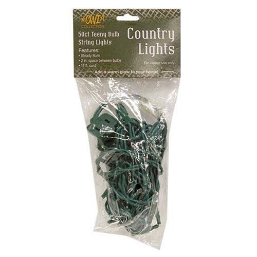 Sure, here is the corrected and grouped text:

---

**OWI COLLECTION**

**50ct Teeny Bulb Country String Lights**

**Features:**
- Steady Burn Lights
- 2 in space between bulbs
- For indoor use only
- 11 ft. cord

**Add a warm glow to your home!**

---

This text is organized to reflect the information on the packaging accurately.
