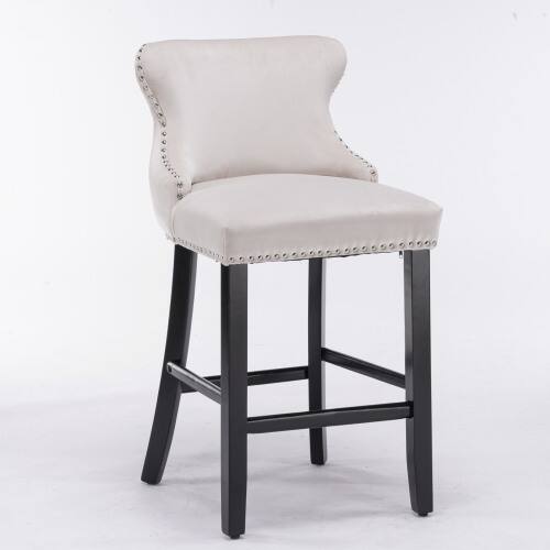 Alt View 2. LUCKY ONE - Assembled Wing-Back Velvet Bar Stool Set of 2 Button Tufted Wood Legs Chrome Nailhead Trim - Beige.