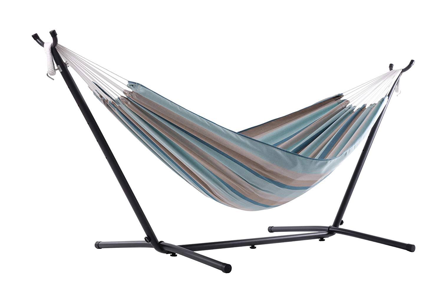 Front. Vivere - Vivere Brazilian Style Sunbrella Double Hammock with Steel Stand, Gateway Mist - Lagoon.