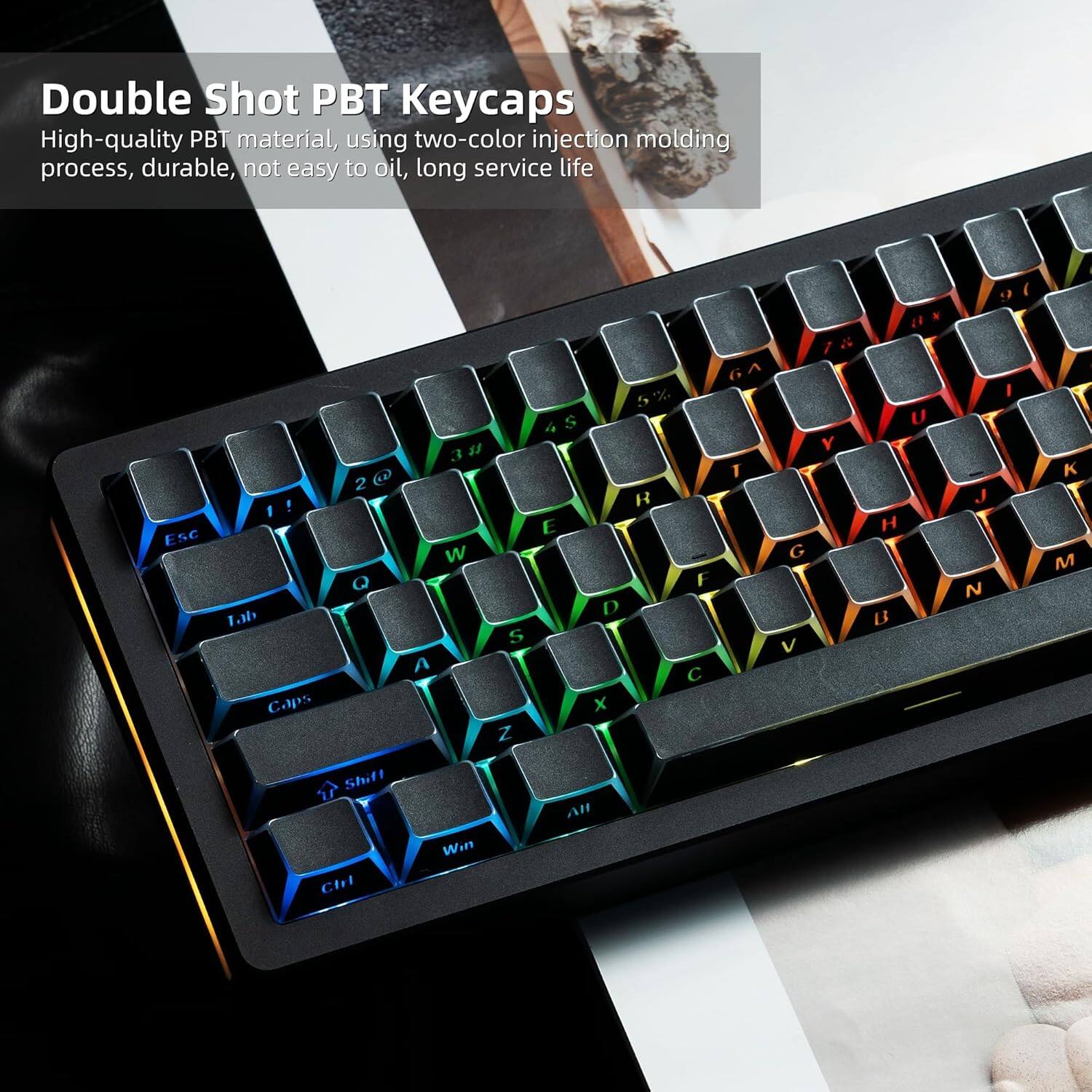 Double Shot PBT Keycaps  
High-quality PBT material, using two-color injection molding process, durable, not easy to oil, long service life  

Esc ! Tab Caps 2 Q 3 1 w S A Z 4 S E 5 % R D x F  G A 1 G V I & Y N " U H B  I J N ( K M Shift Chr Win AH