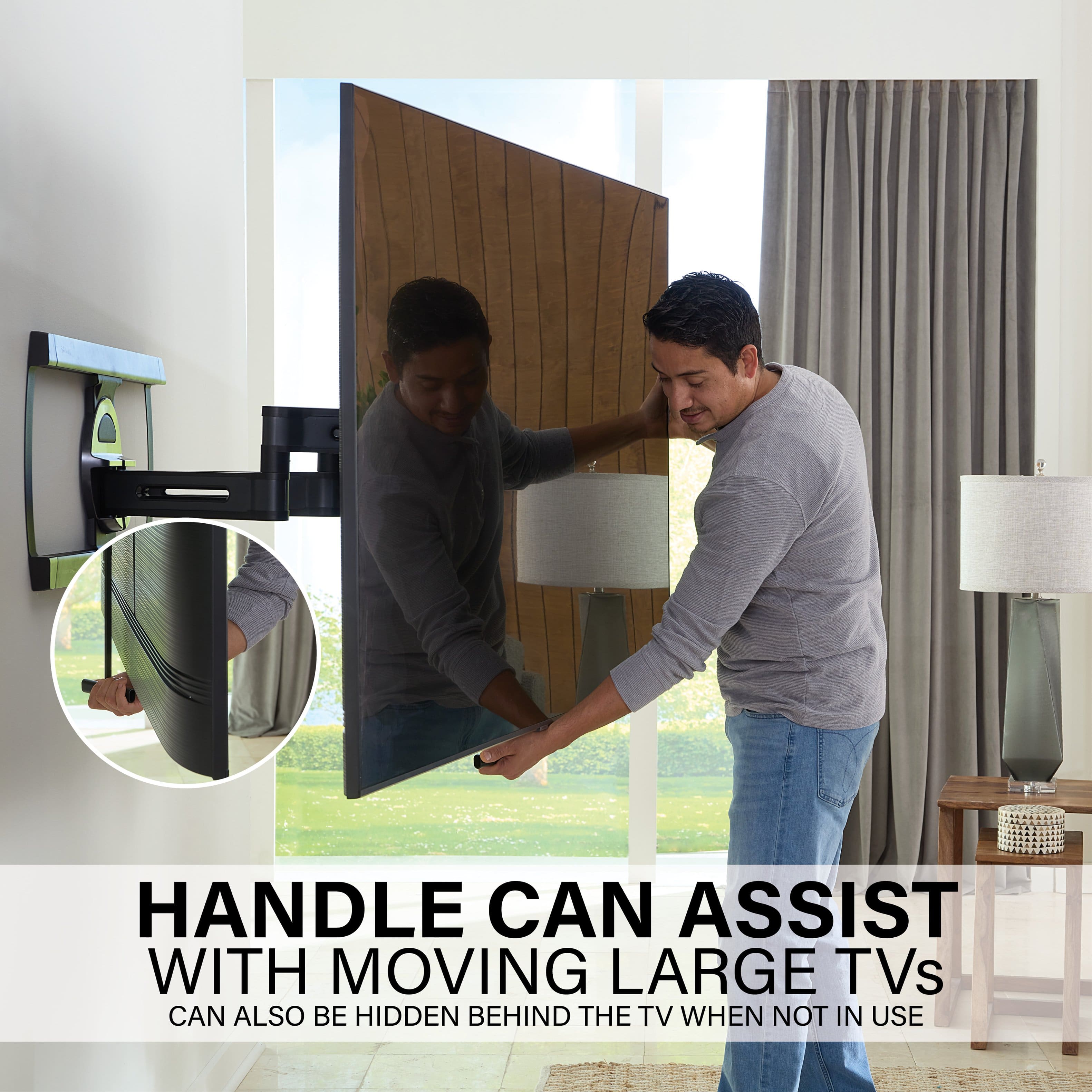 Handle Can Assist With Moving Large TVs. Can also be hidden behind the TV when not in use.