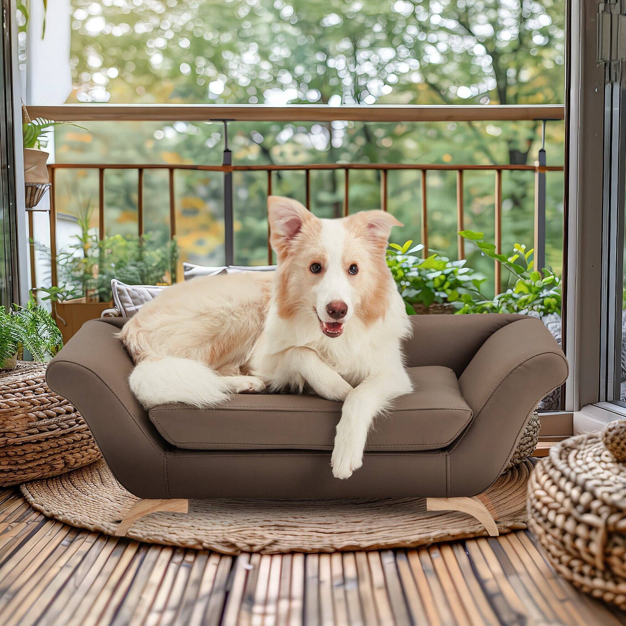 Angle. U-HOMY - Modern Leather Dog Sofa with Waterproof Cushion, Durable Pet Couch for Small & Medium Dogs & Cats - Brown.