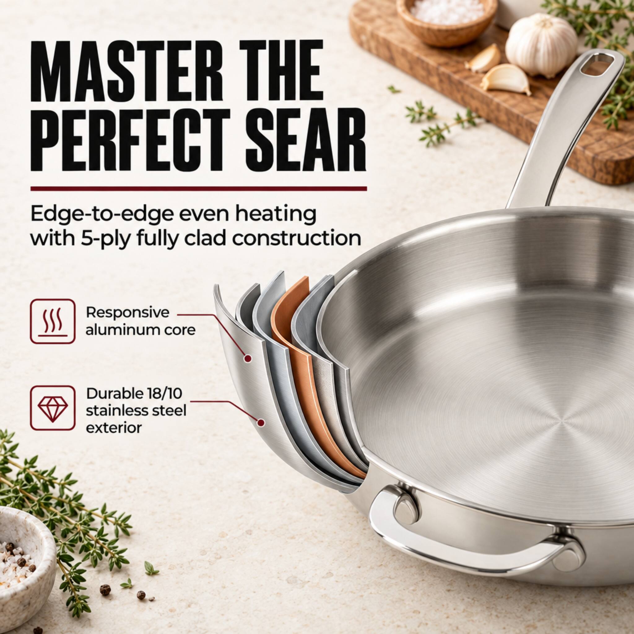MASTER THE PERFECT SEAR

Edge-to-edge even heating with 5-ply fully clad construction

Responsive aluminum core

Durable 18/10 stainless steel exterior