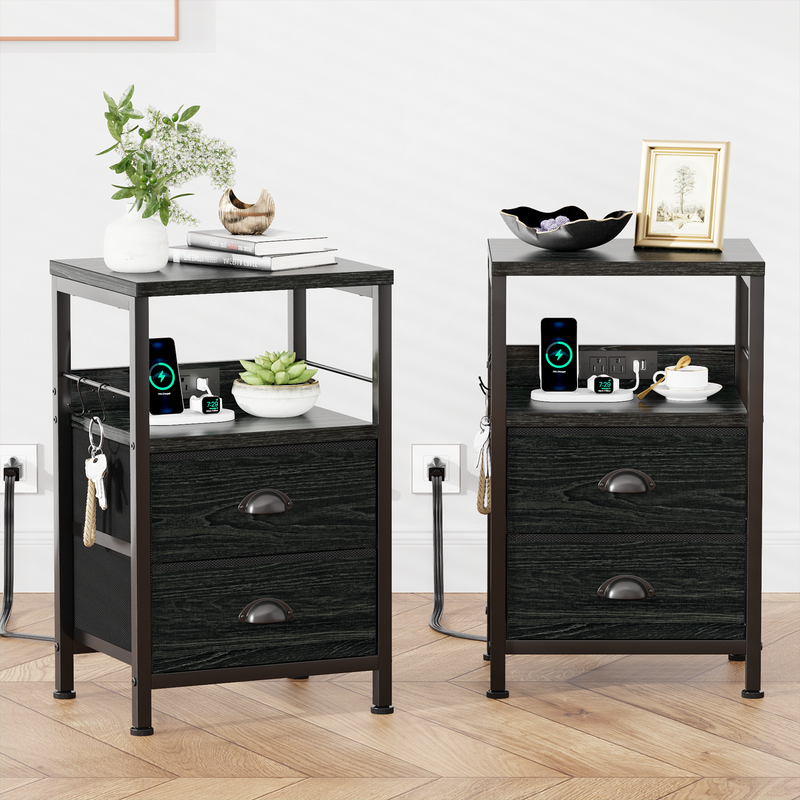 Front. Furologee - Nightstands with 2 Drawers  Outlets Bedside Tables with 2 USB Ports  2Tier Open Shelf - Black.