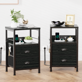 Furologee - Nightstands with 2 Drawers Outlets Bedside Tables with 2 USB Ports 2Tier Open Shelf - Black