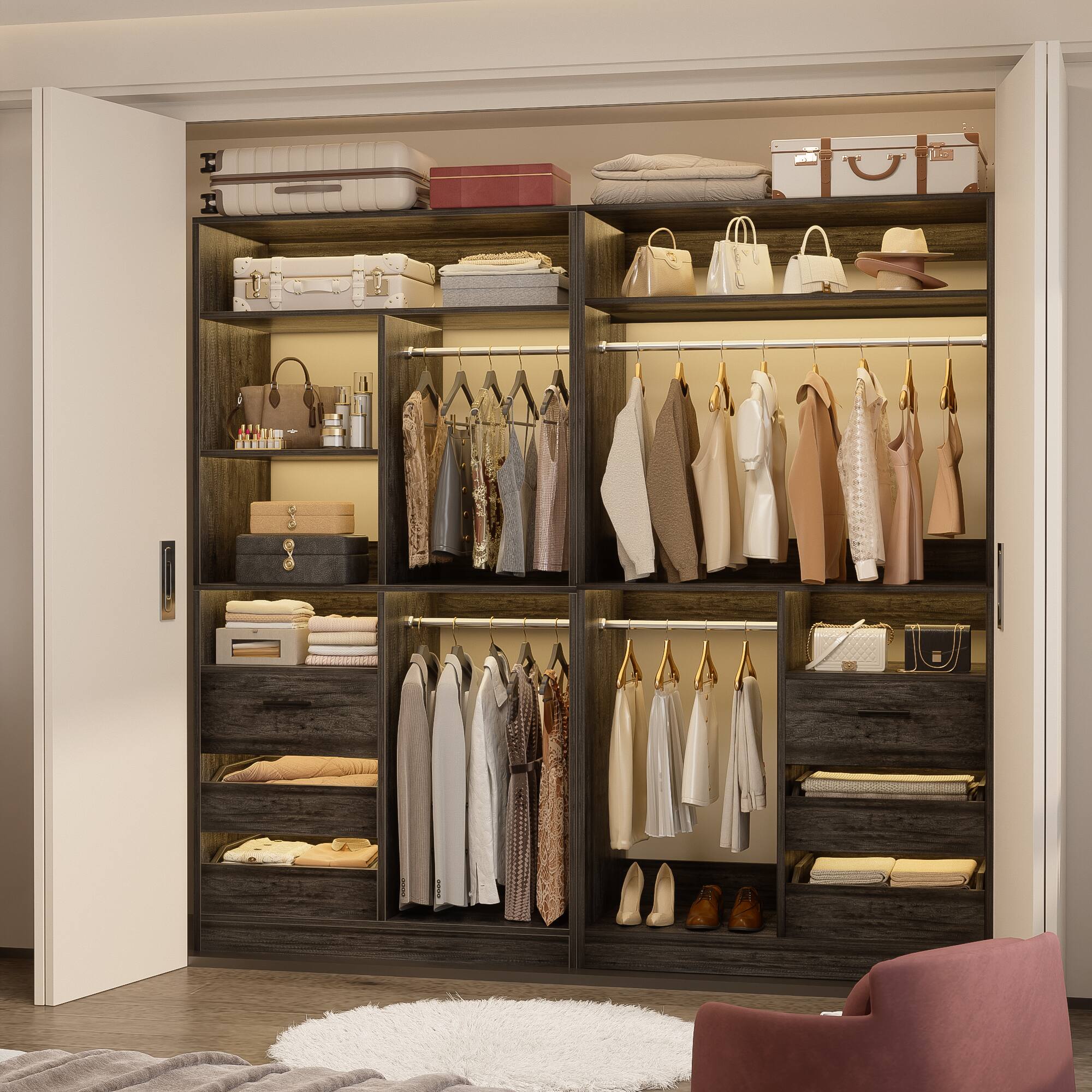 Left. Aheaplus - 2-Set 72" Heavy Duty Walk-in Wardrobe, Closet Organizer with 6 Drawers & 4 Hanging Rods for Home/Garage - Gray Oak.