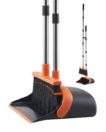 Front. VEVOR - Broom and Dustpan Set, Heavy Duty Dustpan and Broom Combo with Self-Cleaning Teeth, Metal Upright Standing Dust Pan - Black, Orange,Silver.