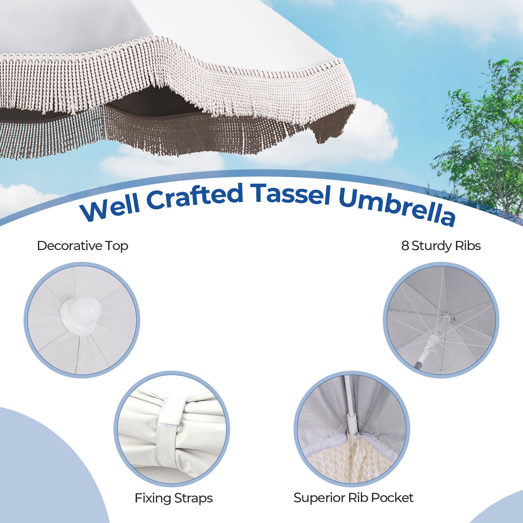 Well Crafted Tassel Umbrella

- Decorative Top
- 8 Sturdy Ribs
- Fixing Straps
- Superior Rib Pocket
