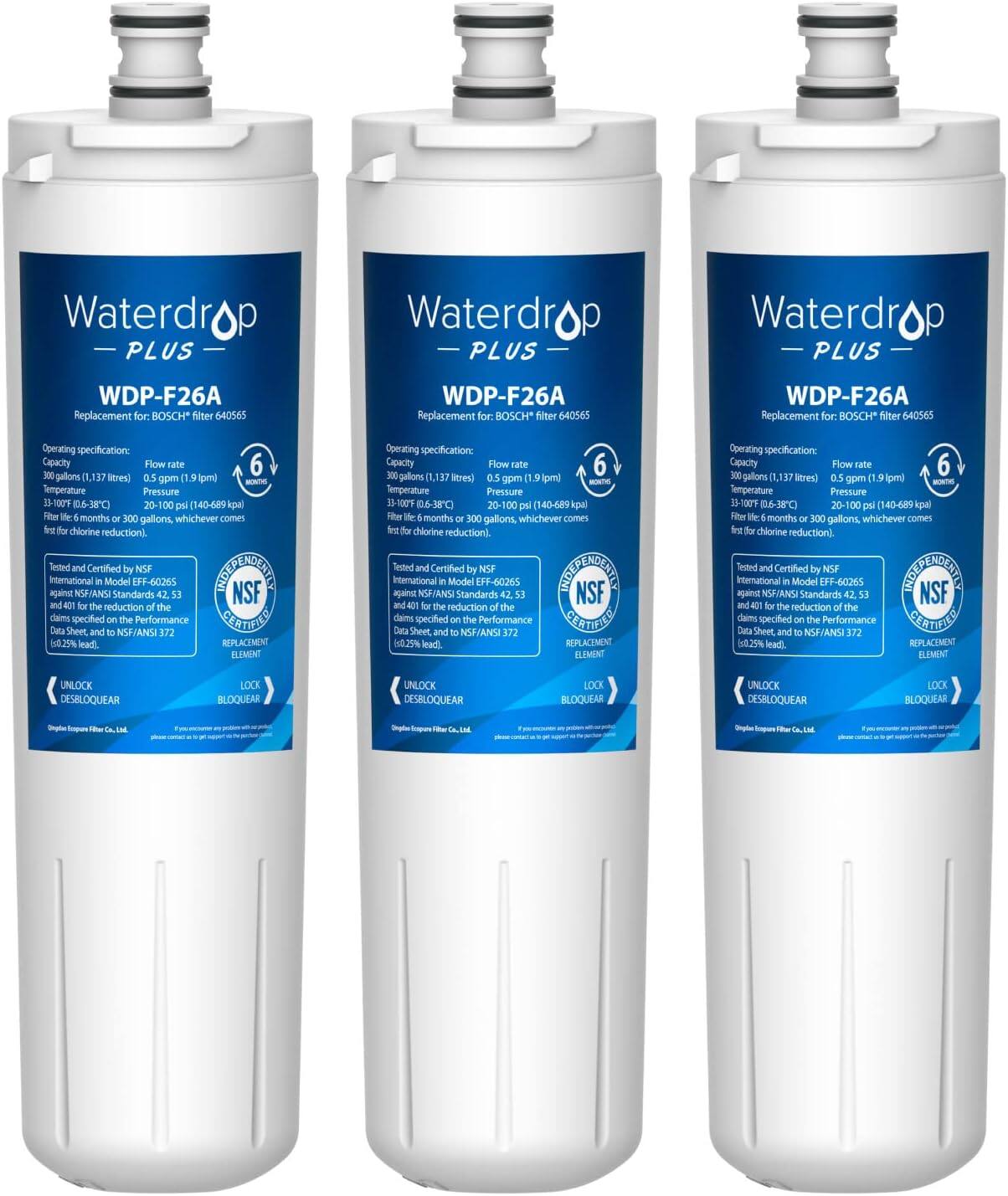 Waterdrop PLUS  
WDP-F26A  
Replacement for: BOSCH filter 640565  

Operating specification:  
Capacity: 300 gallons (1,137 liters)  
Flow rate: 0.5 gpm (1.9 lpm)  
Temperature: 6-38°C (43-100°F)  
Pressure: 14.6-69 kpa (2-10 psi)  
Filter life: 6 months or 300 gallons, whichever comes first for chlorine reduction.  

Tested and Certified by NSF International against NSF/ANSI Standard 42 for the reduction of the following contaminants:  
- Taste and odor  
- Chlorine  
- Lead (0.25% lead)  

Data specified on the Performance Data Sheet and NSF/ANSI Standard 42.  

NOT REPLACEMENT ELEMENT  
UNLOCK  
DESBLOQUEAR  
LOCK  
BLOQUEAR  

Operating specification:  
Capacity: 300 gallons (1,137 liters)  
Flow rate: 0.5 gpm (1.9 lpm)  
Temperature: 6-38°C (43-1