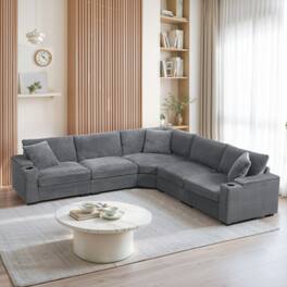 LUCKY ONE - 104" L-Shape Convertible Corduroy Sectional Sofa w/ Armrest Storage USB Cup Holders - Gray