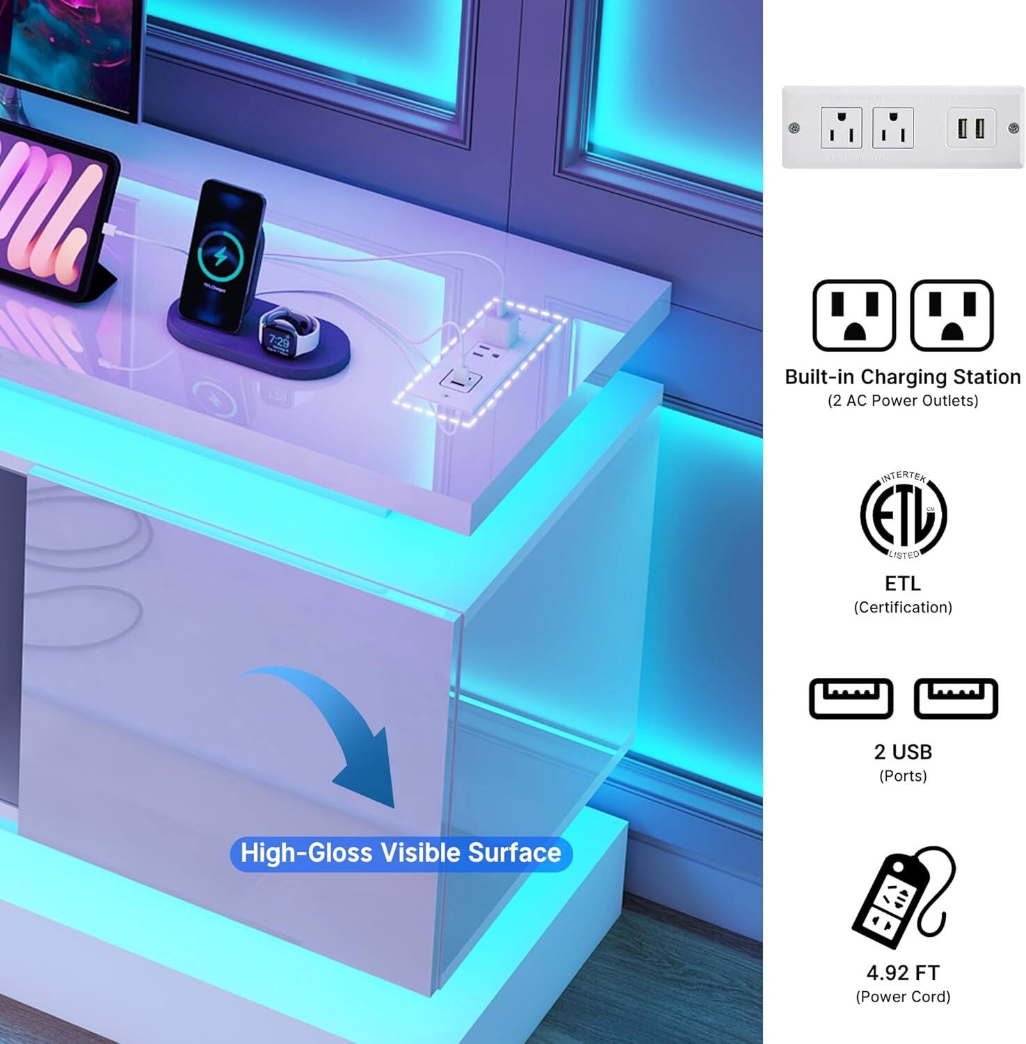 - 7:20 Built-in Charging Station (2 AC Power Outlets) 
- INTERTEK ETL LISTED ETL (Certification) 
- 2 USB (Ports) 
- High-Gloss Visible Surface 
- 4.92 FT (Power Cord)