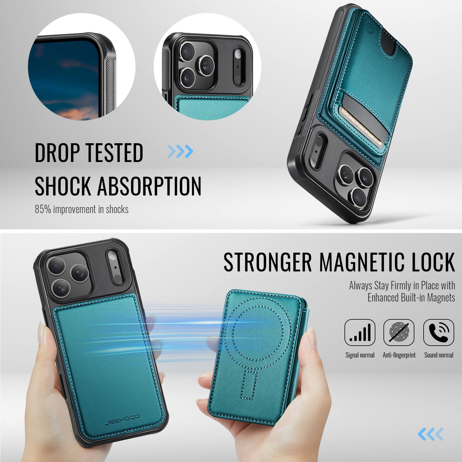 DROP TESTED  
SHOCK ABSORPTION  
85% improvement in shocks  

STRONGER MAGNETIC LOCK  
Always Stay Firmly in Place with Enhanced Built-in Magnets  

Signal normal  
Anti-fingerprint  
Sound normal