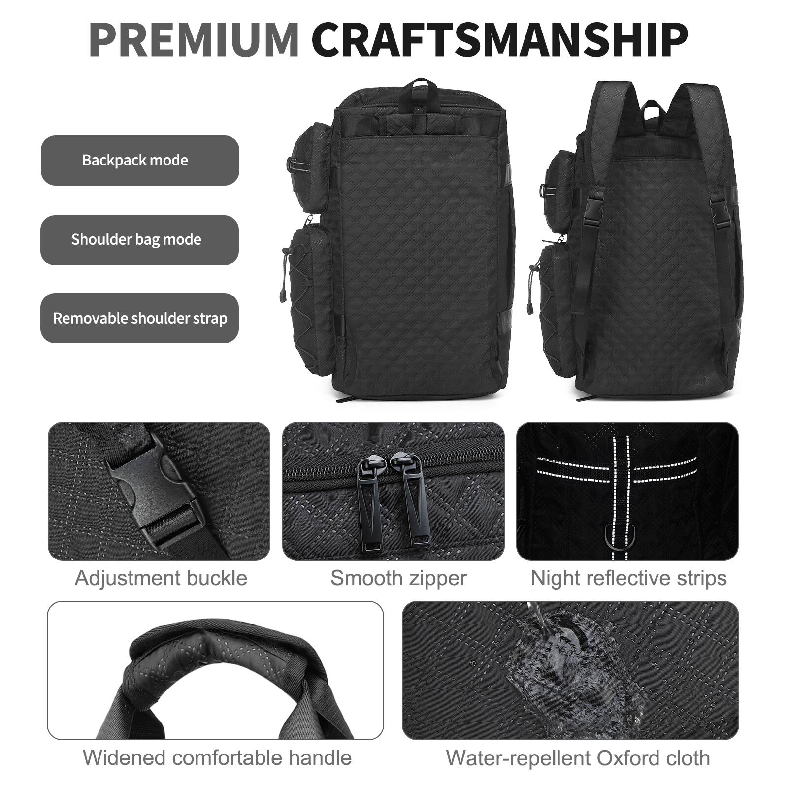 PREMIUM CRAFTSMANSHIP

- Backpack mode
- Shoulder bag mode
- Removable shoulder strap
- Adjustment buckle
- Smooth zipper
- Night reflective strips
- Widened comfortable handle
- Water-repellent Oxford cloth