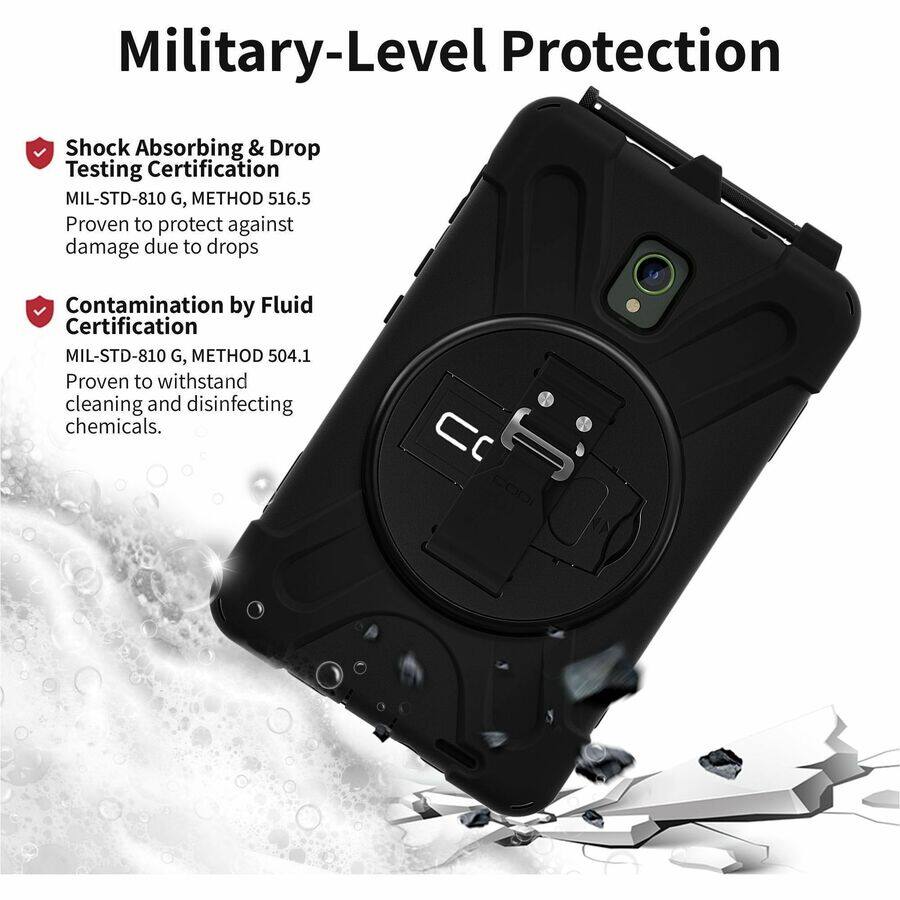 Military-Level Protection

- Shock Absorbing & Drop Testing Certification  
  MIL-STD-810 G, METHOD 516.5  
  Proven to protect against damage due to drops

- Contamination by Fluid Certification  
  MIL-STD-810 G, METHOD 504.1  
  Proven to withstand cleaning and disinfecting chemicals.