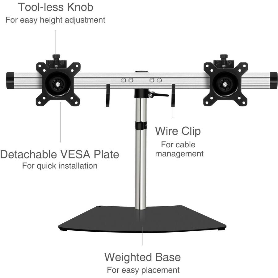 Tool-less Knob  
For easy height adjustment

Detachable VESA Plate  
For quick installation

Wire Clip  
For cable management

Weighted Base  
For easy placement