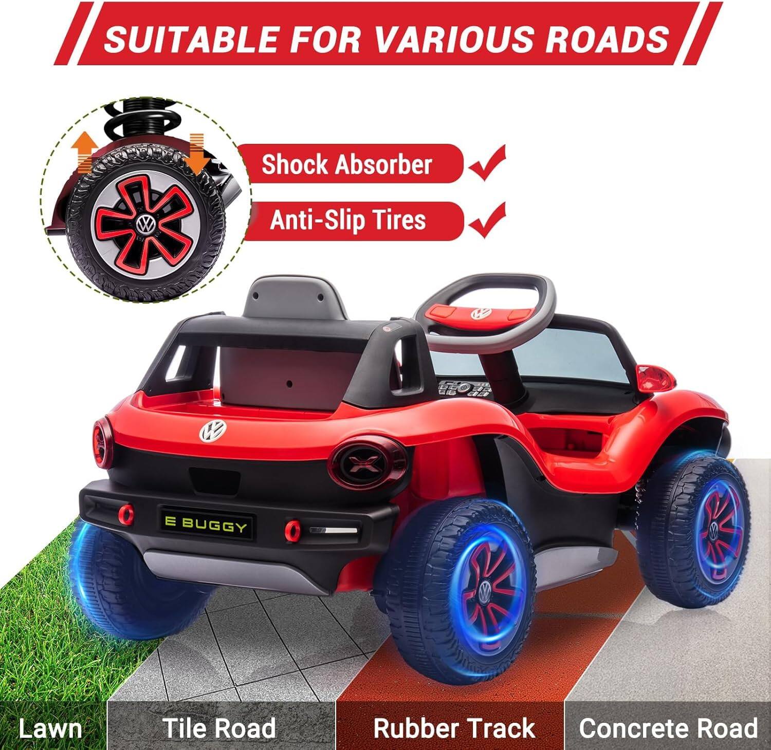 SUITABLE FOR VARIOUS ROADS

- Shock Absorber
- Anti-Slip Tires

Lawn  
Tile Road  
Rubber Track  
Concrete Road