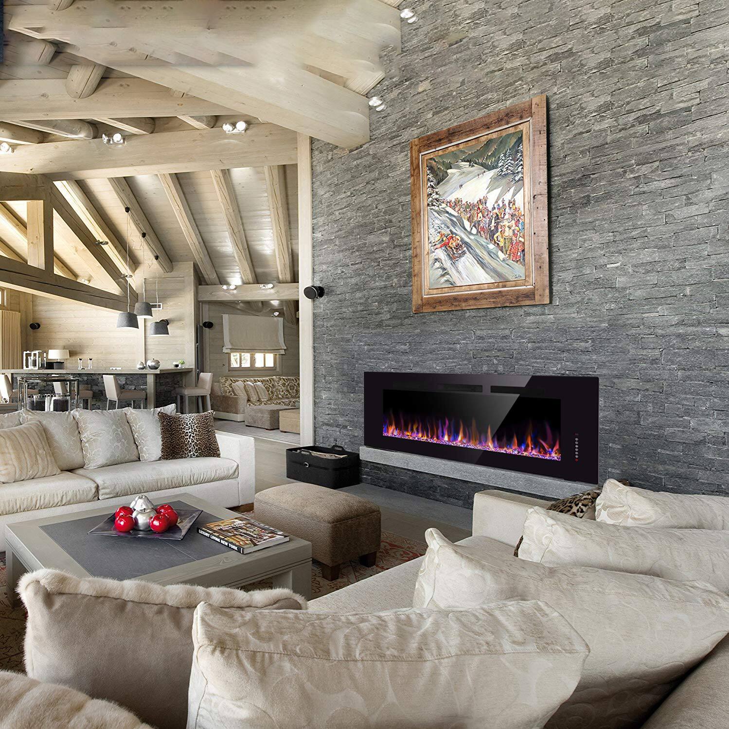 Alt View 3. GlowWise - 50" Recessed/Wall-Mount Electric Fireplace - 1500W Heater, Multicolor Flames, Timer, Touch Screen & Remote Control - 50"black.