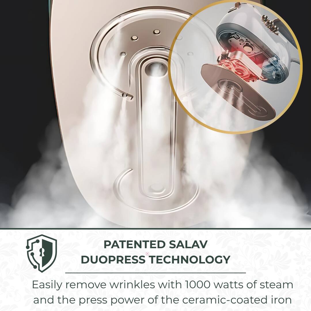 PATENTED SALAV DUOPRESS TECHNOLOGY

Easily remove wrinkles with 1000 watts of steam and the press power of the ceramic-coated iron.