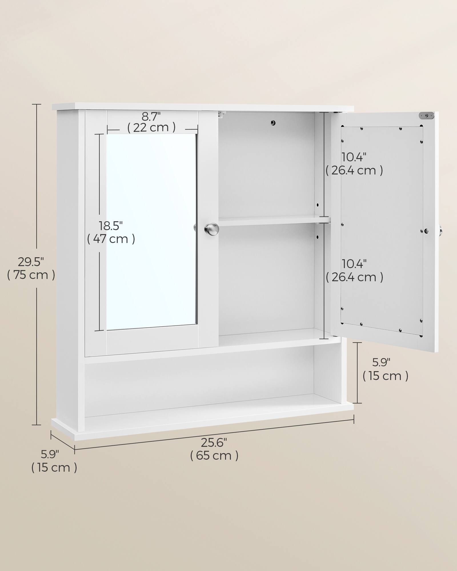 8.7" (22 cm)  
10.4" (26.4 cm)  
18.5" (47 cm)  
29.5" (75 cm)  
10.4" (26.4 cm)  
5.9" (15 cm)  
5.9" (15 cm)  
25.6" (65 cm)