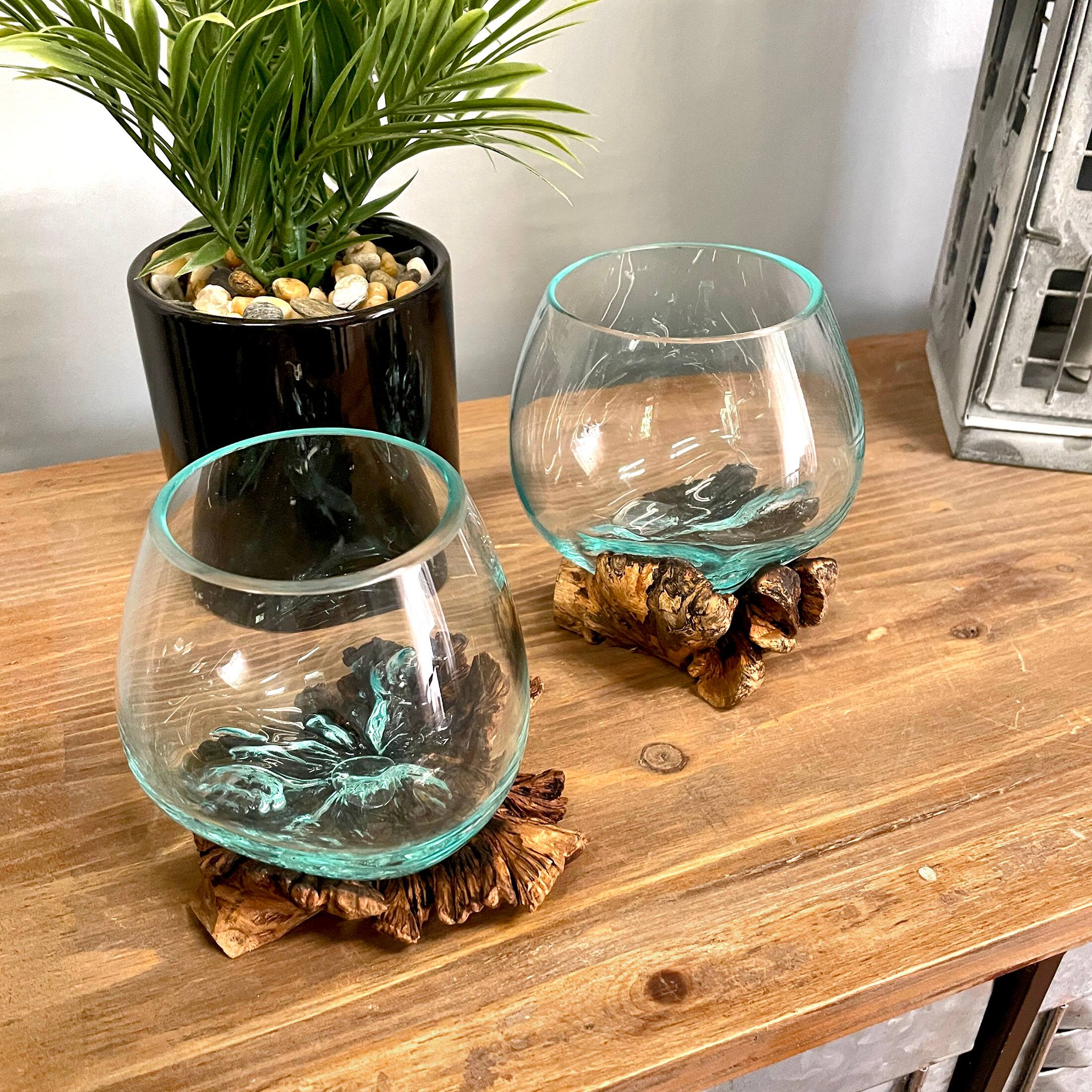 Alt View 4. Zeckos - Set of 2 Blown Molten Glass On Burl Wood Decorative Bowls Vases Terrariums - Brown.