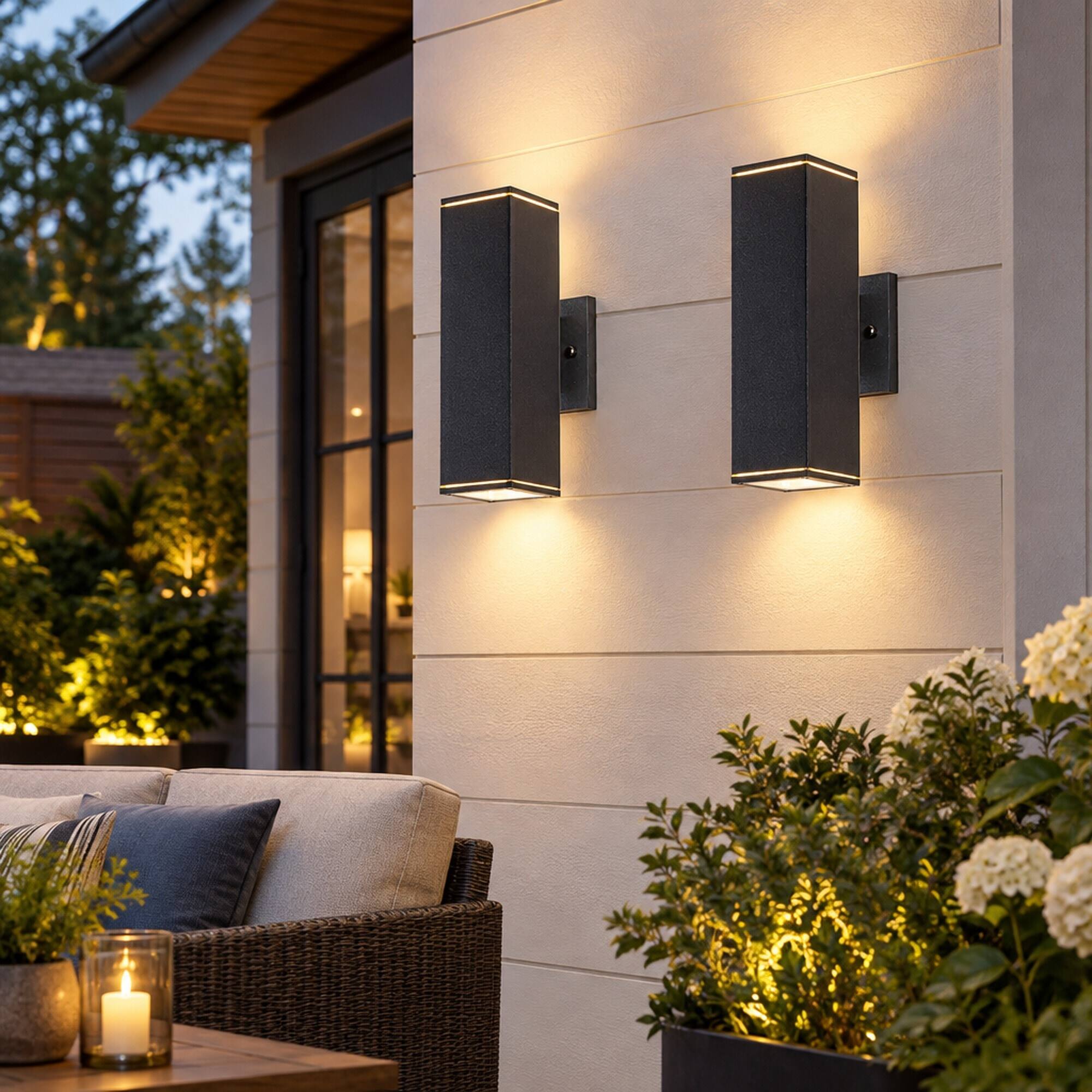 Left. RYHNUYNE - 12 In Outdoor Wall Lights 2 Pack, Modern Square Up Down Waterproof Aluminum Porch Light Fixture - Black.
