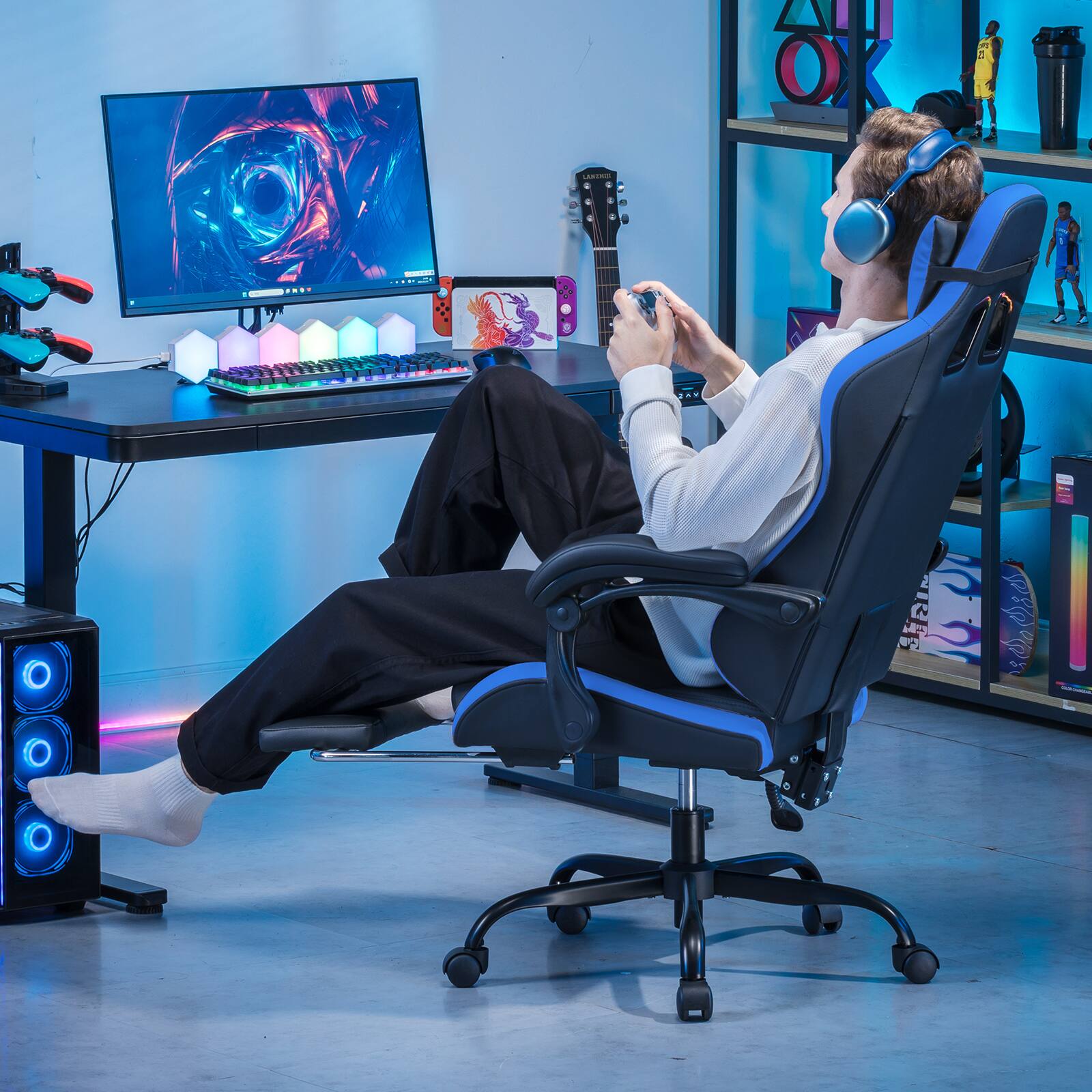 Alt View 4. GTPlayer - Gaming Chair with Footrest Ergonomic Computer Chair,Blue - Blue.
