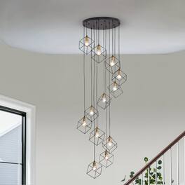 RYHNUYNE - 12-Light Modern Foyer Chandelier, Long Pendant Light Fixture for High Ceilings Entryway,Large Staircase Chandeliers - Black