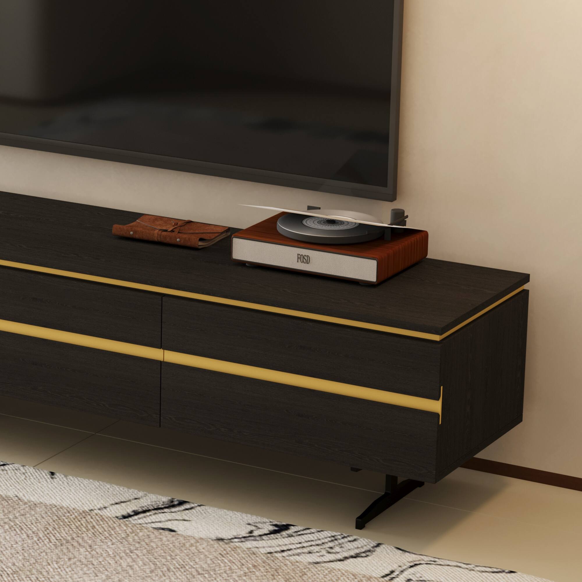 Alt View 1. luck idea - 86.61" Media Console TV Stand with Hidden Drawers, Enclosed Cabinets & Cable Management - Black.