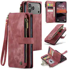UUCOVER - Wallet Case for Apple iPhone 17 Pro Max with Zipper Pocket, Card Cash Holder and Wrist Strap, Magnetic Flip Stand Cover - Red