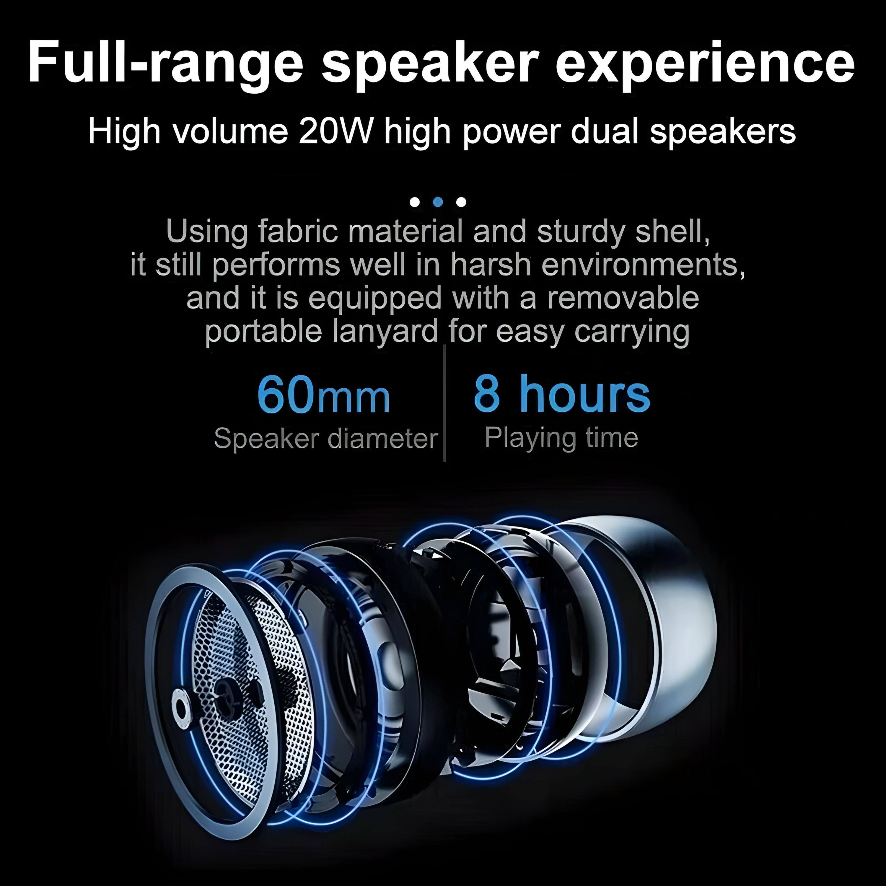 Full-range speaker experience

High volume 20W high power dual speakers

Using fabric material and sturdy shell, it still performs well in harsh environments, and it is equipped with a removable portable lanyard for easy carrying

60mm
Speaker diameter

8 hours
Playing time