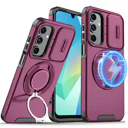 Dteck - Rugged Case for Samsung Galaxy A17 / A16 5G with Camera Sliding Cover, Shockproof Magnetic Cover with Rotate Ring Stand - Cherry Red