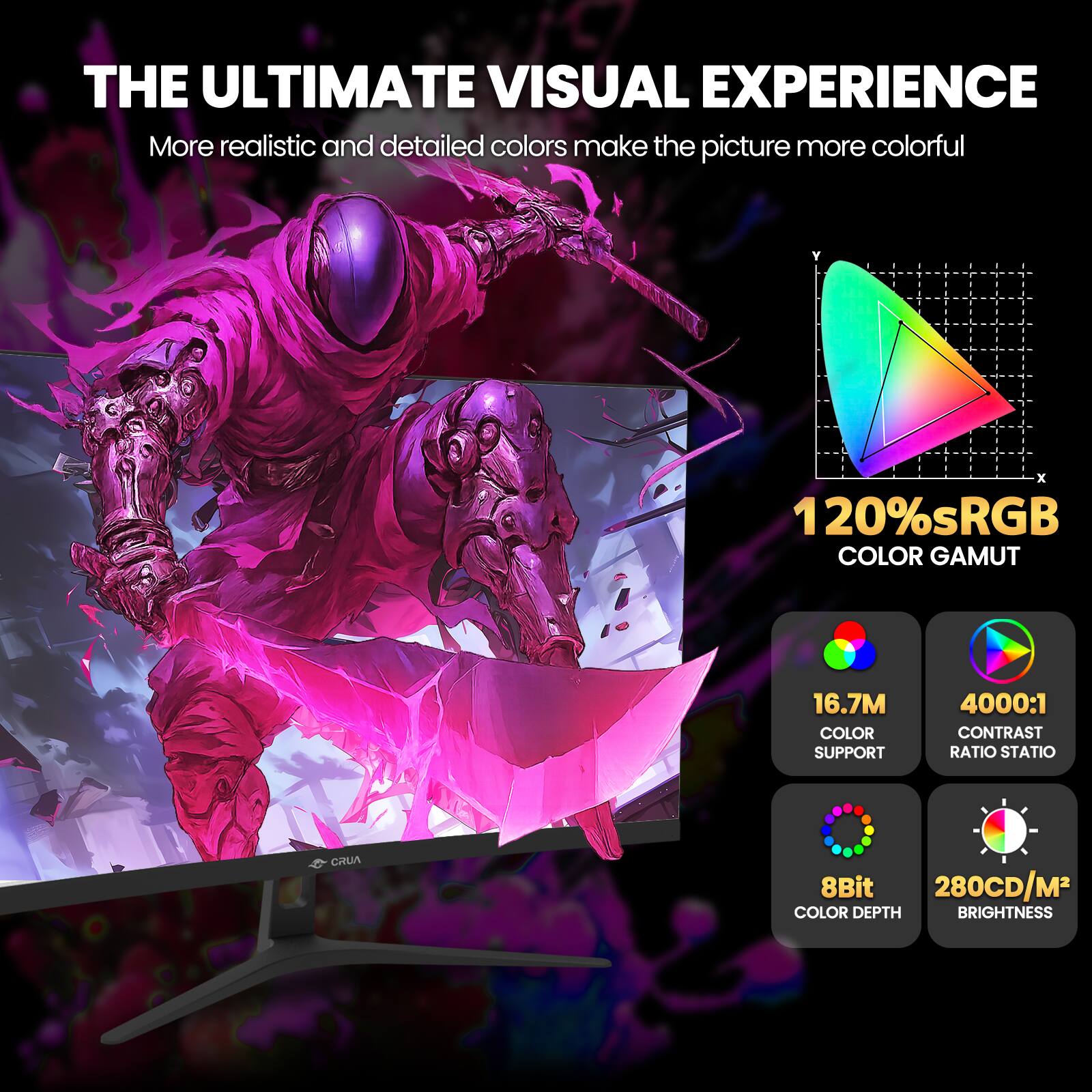 THE ULTIMATE VISUAL EXPERIENCE  
More realistic and detailed colors make the picture more colorful

120% sRGB COLOR GAMUT

16.7M COLOR SUPPORT

4000:1 CONTRAST RATIO

8Bit COLOR DEPTH

280CD/M² BRIGHTNESS
