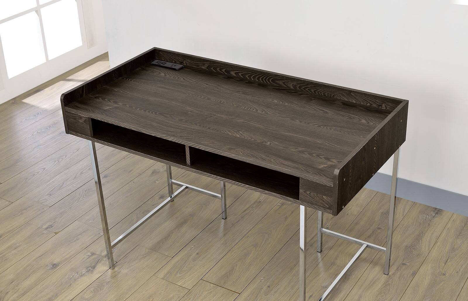 Back. APRILSOUL - Modern Contemporary USB Supported Computer Desk With Drawer Space Providing Storage Wood And Steel Construction - Brown,Chrome.