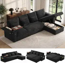 Anysun - 108" 3-in-1 Foldable Sofa Bed with Storage Compartment – Left Seat with Table Board & USB Port, Dual Armrest Storage - Black