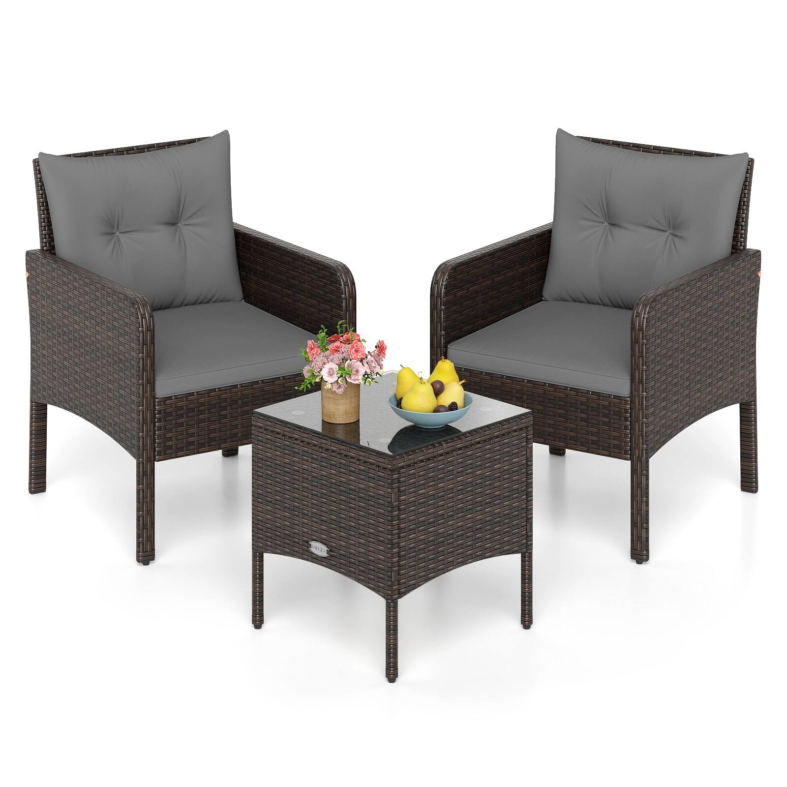 Alt View 8. Gymax - Gymax Set of 3 Outdoor Patio PE Wicker Furniture Set w/Cushions & Tempered Glass Coffee Table Gray - Gray.