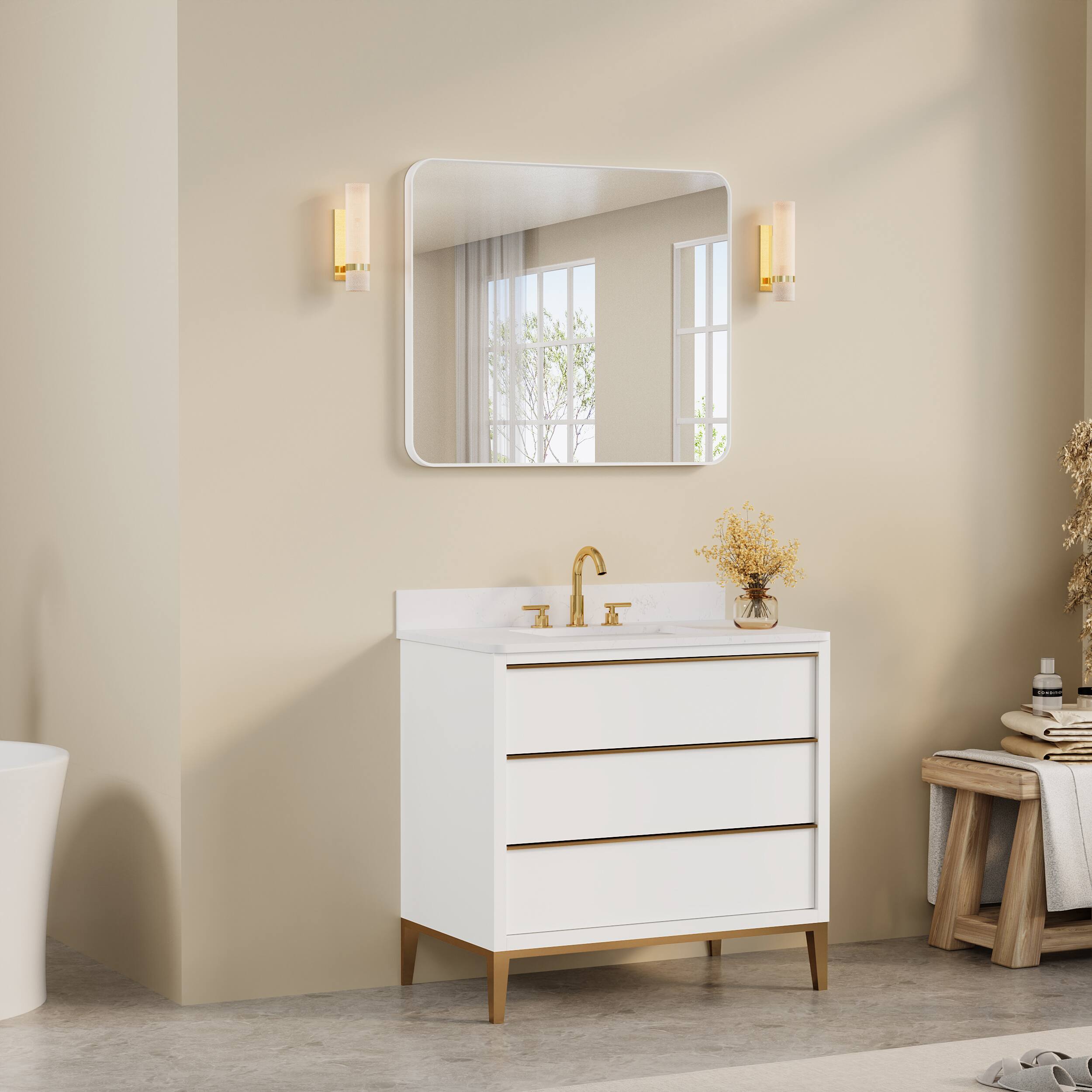 Alt View 1. WELLFOR - 30 in. W. x 36 in. H Rectangular Aluminum Framed Wall-Mounted Bathroom Vanity Mirror - White.