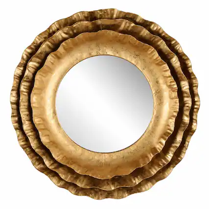 Front. RYHNUYNE - 16 in Round Wall Mirror, Gold Metal Frame, Layered Flower Design, Mid-Century Accent for Living Room - Gold.